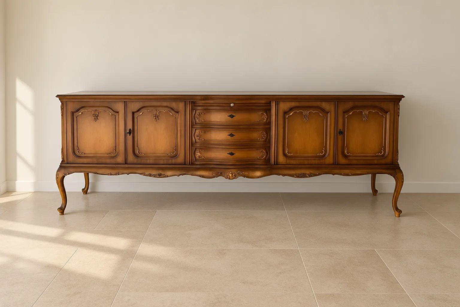 Langes Sideboard mit ornamentierten Fronten und geschwungenen Beinen vor heller Wand