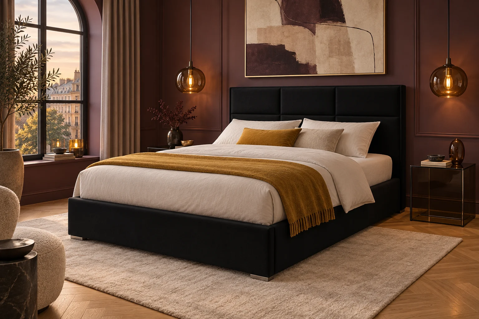 Schwarzes Velours-Polsterbett in einem auberginefarbenen Schlafzimmer mit bernsteinfarbenen Leuchten