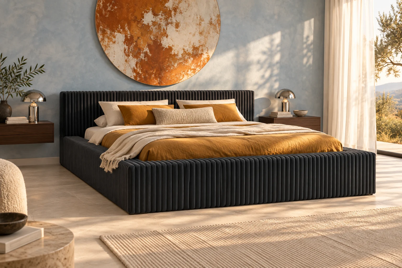 Dunkelgraues Cordbett in einem hellblauen Schlafzimmer mit ockerfarbenen Akzenten