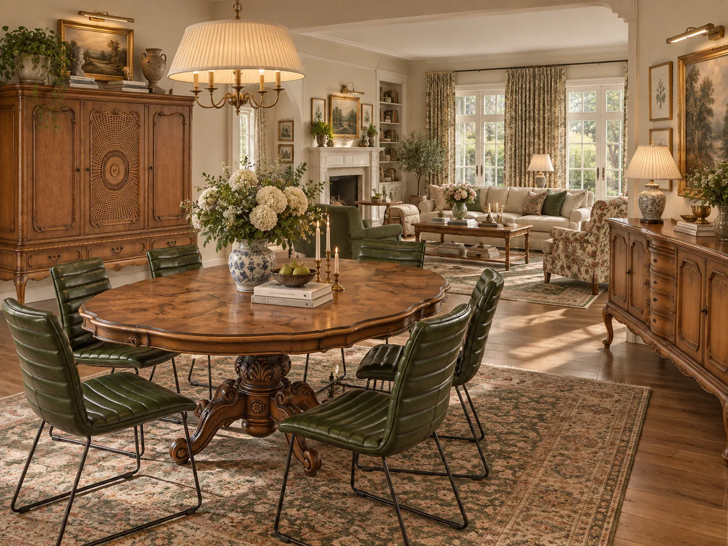 Wohn- und Esszimmer mit floralen Stoffen, grünen Stühlen und traditionellen Holzmöbeln