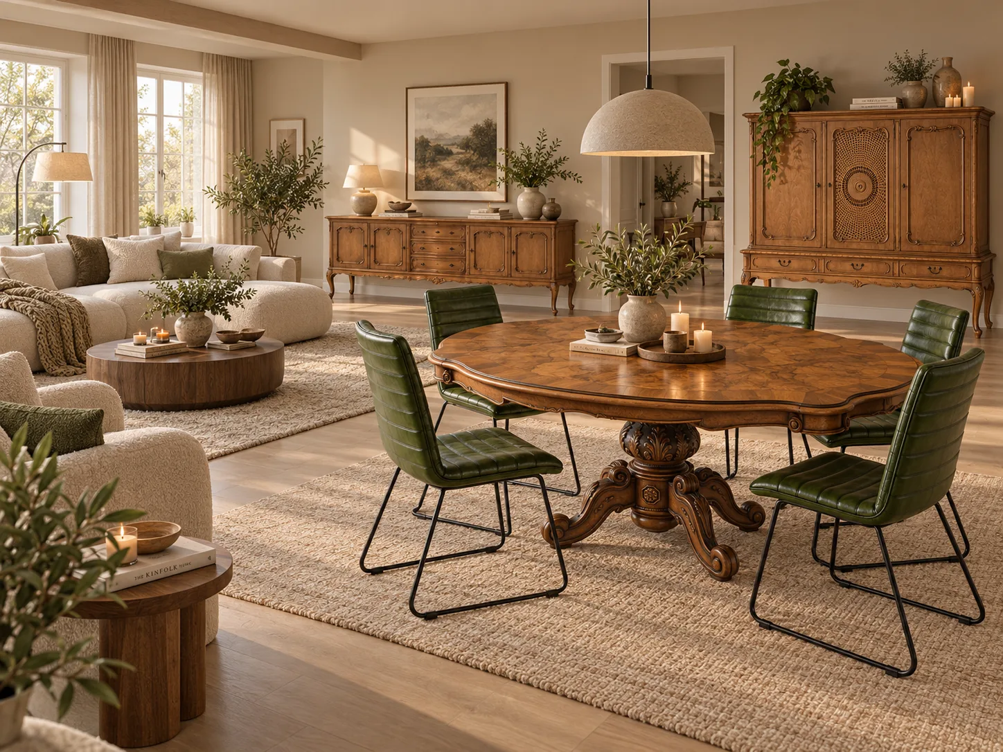 Heller Wohnbereich mit ornamentiertem Schrank, cremefarbenem Sofa und grünen Stühlen