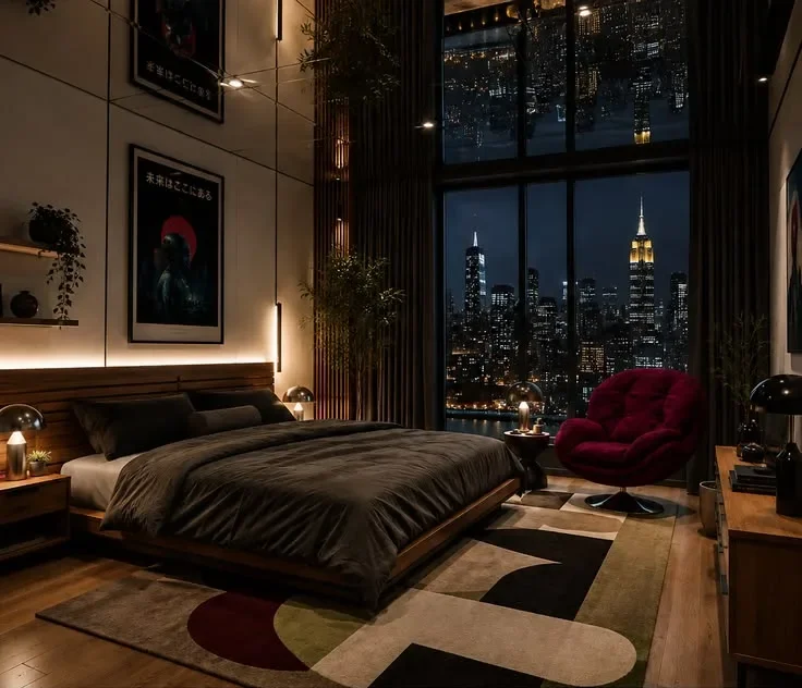 Schlafzimmer mit dunklem Bett, bordeauxrotem Samtsessel, grafischem Teppich und Skyline-Fensterblick