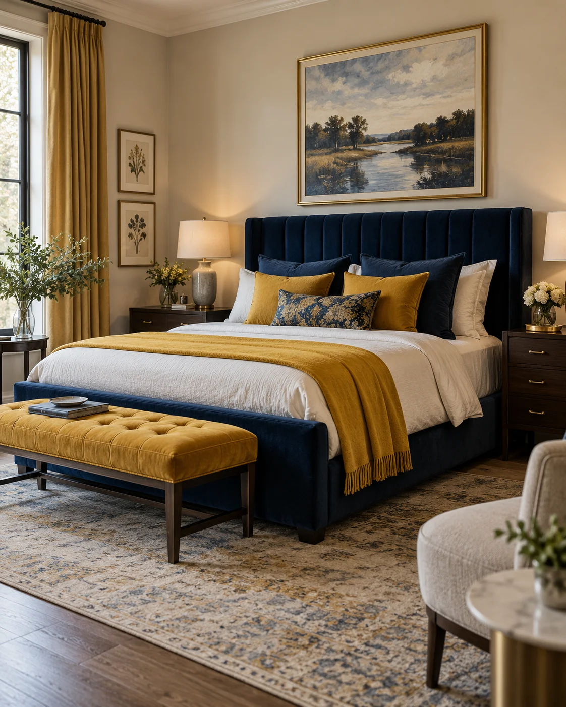 Schlafzimmer mit marineblauem Samtbett, senfgelber Tagesdecke, gepolsterter Bettbank und gemustertem Teppich