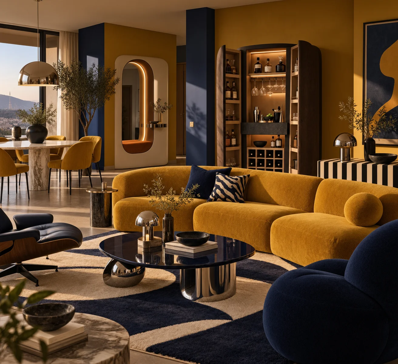 Senfgelbes Sofa neben marineblauem Loungesessel und Eames Lounge Chair auf einem grafischen Teppich