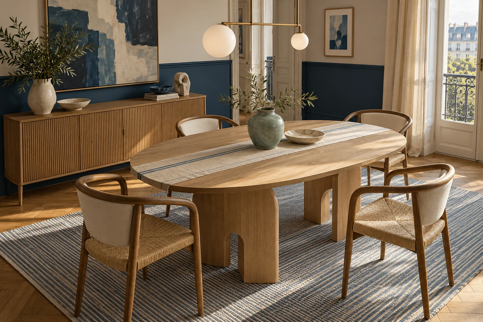 Modern maritimes Esszimmer mit ovalem Eichentisch, geschwungenen Holzstühlen, Navy-Wand und Messingpendel