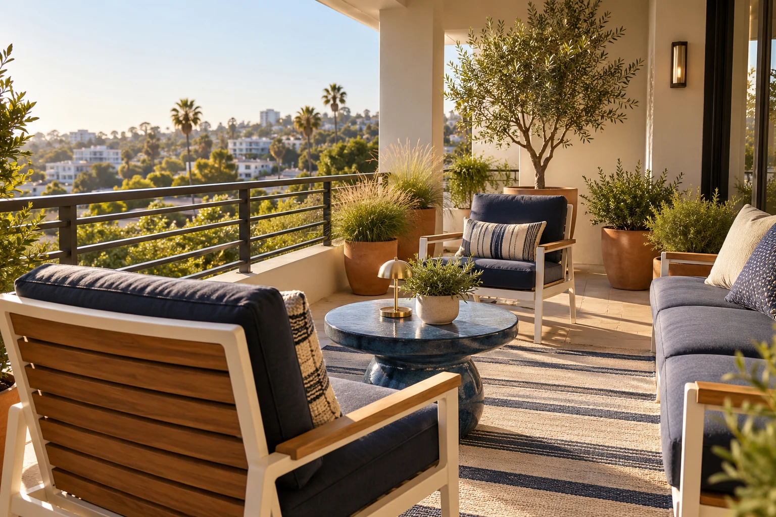 Modern maritimer Balkon mit Holz-Metall-Sesseln, navyblauen Outdoorpolstern, blauem Tisch und gestreiftem Teppich
