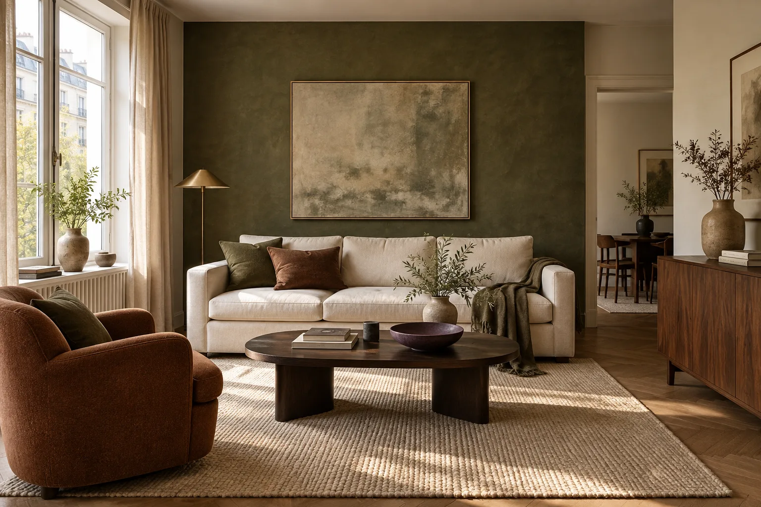 Olivgrüne Wand mit Cremesofa und zimtfarbenem Sessel