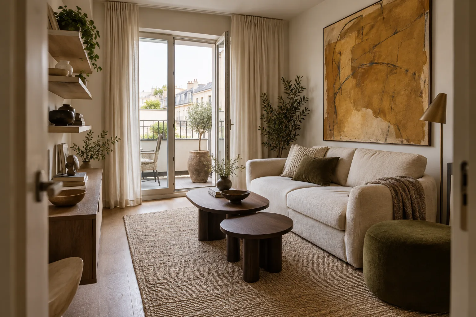 Kleines Wohnzimmer mit zwei ovalen Tischen und grünem Pouf