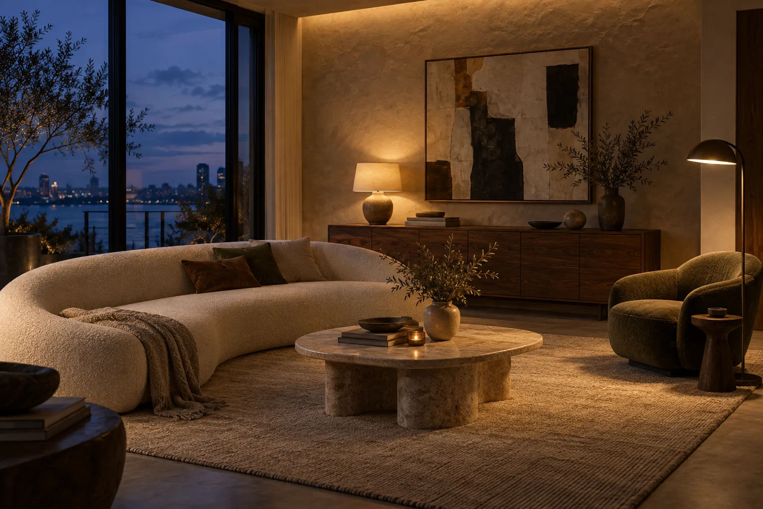 Wohnzimmer mit Leseleuchte, Tischlampe und indirektem Abendlicht