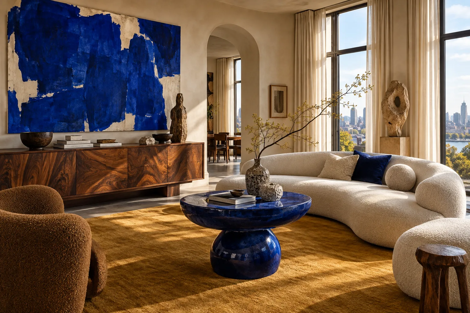 Ultramarinblaue Kunst und blauer Tisch mit Holzsideboard