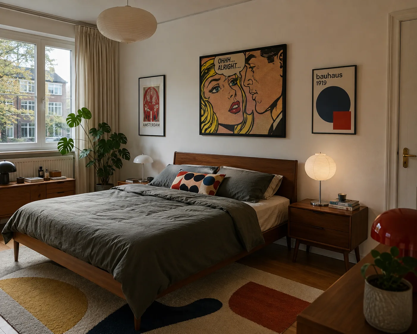 Schlafzimmer, in dem ein großformatiger Comic-Pop-Art-Print die gesamte Wand über dem Bett dominiert