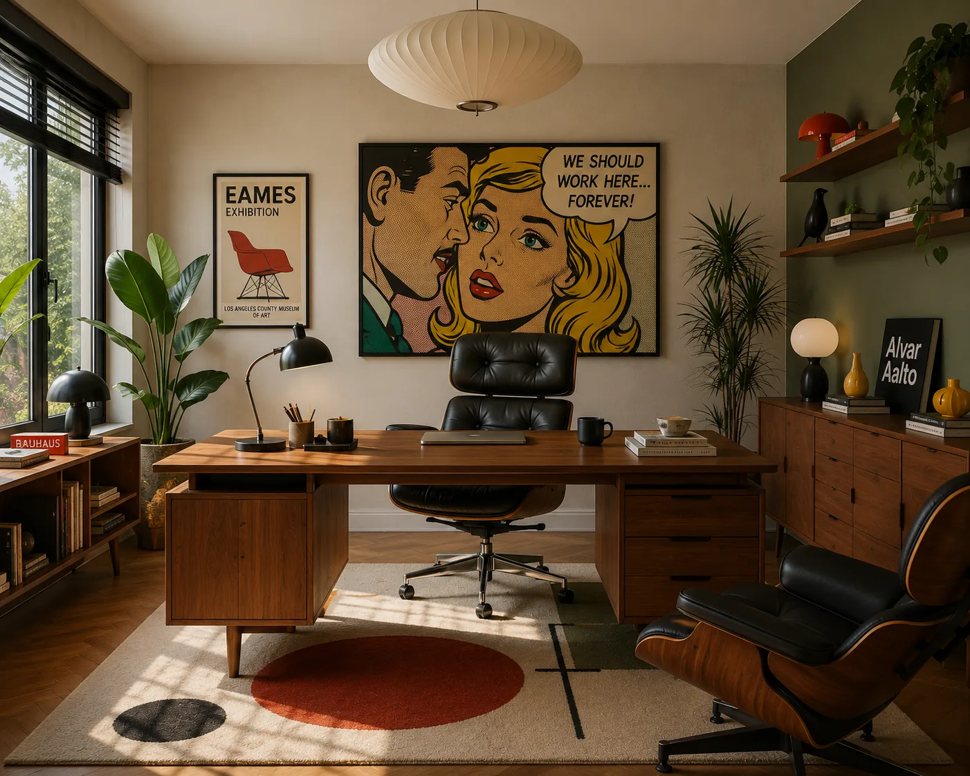 Homeoffice mit Eames Lounge Chair, Schreibtischstuhl und einem großformatigen Comic-Pop-Art-Bild