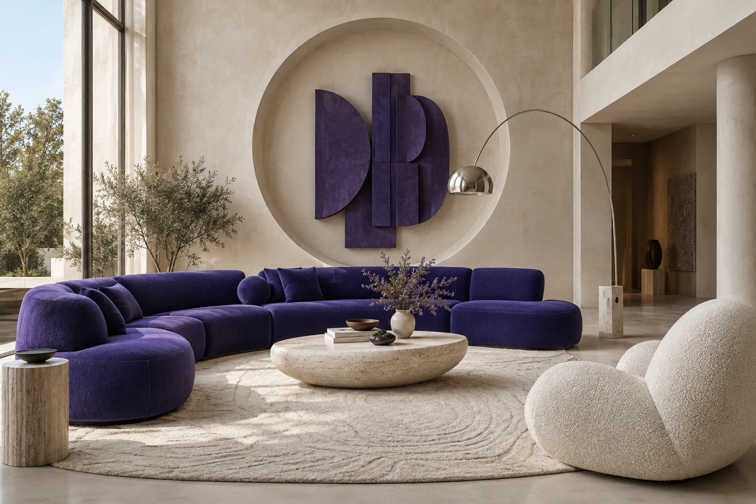 Kräftig violettes Sofa und cremefarbener Sessel vor einer großen runden Wandnische