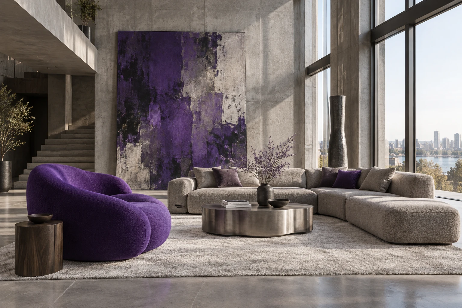 Graues Sofa, violetter skulpturaler Sessel und großformatige Kunst in einem Loft