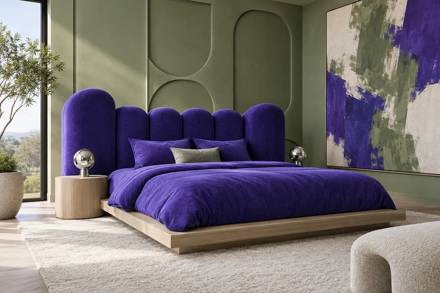 Blauviolettes geschwungenes Kopfteil und violette Bettwäsche vor salbeigrünen Schlafzimmerwänden