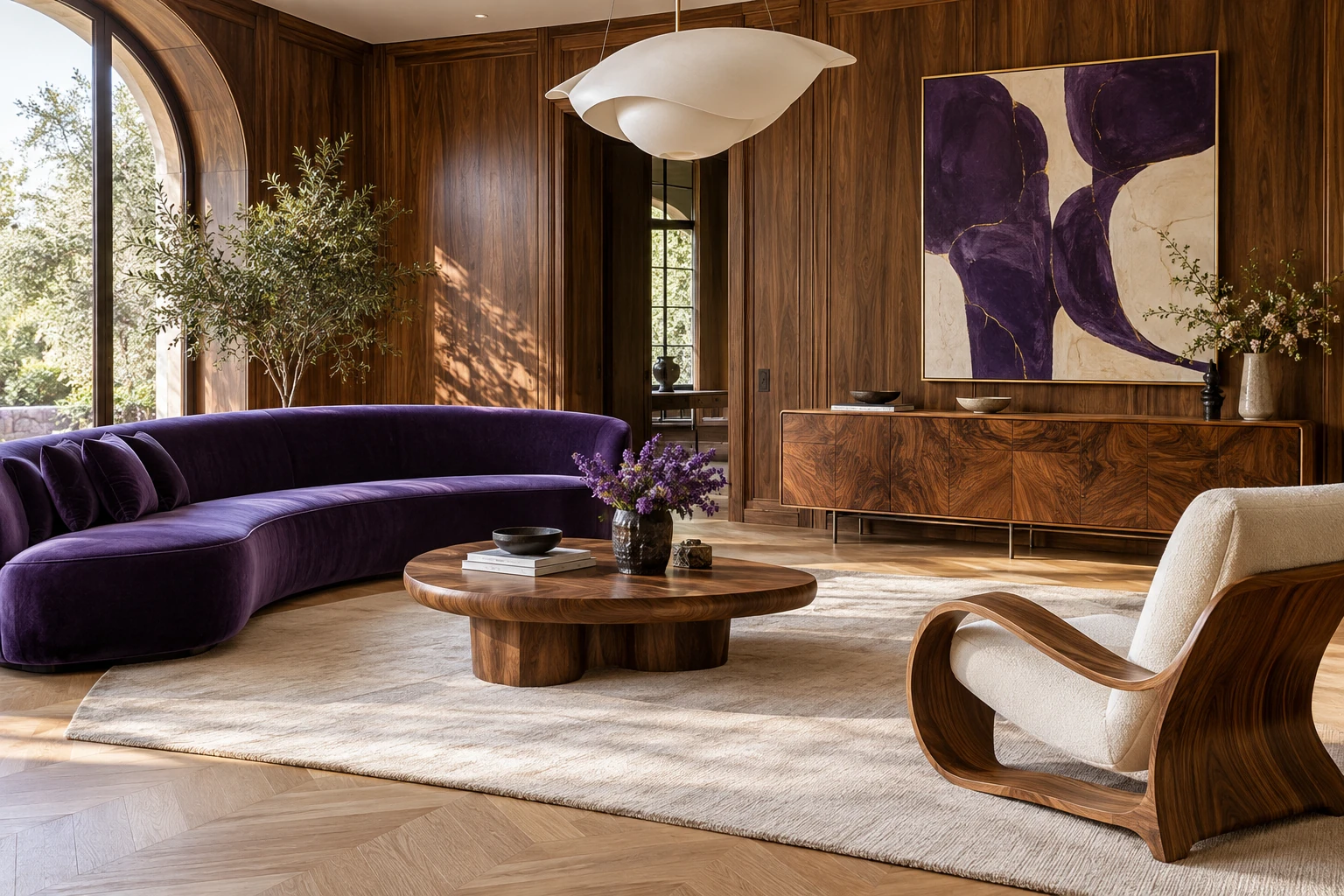 Geschwungenes violettes Sofa mit dunklem Holzsideboard und hellerem Parkett
