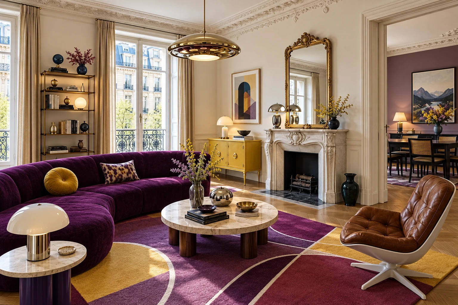 Violettes Sofa, senfgelbes Sideboard und lila-gelber Teppich in einem hellen Altbau mit Kamin