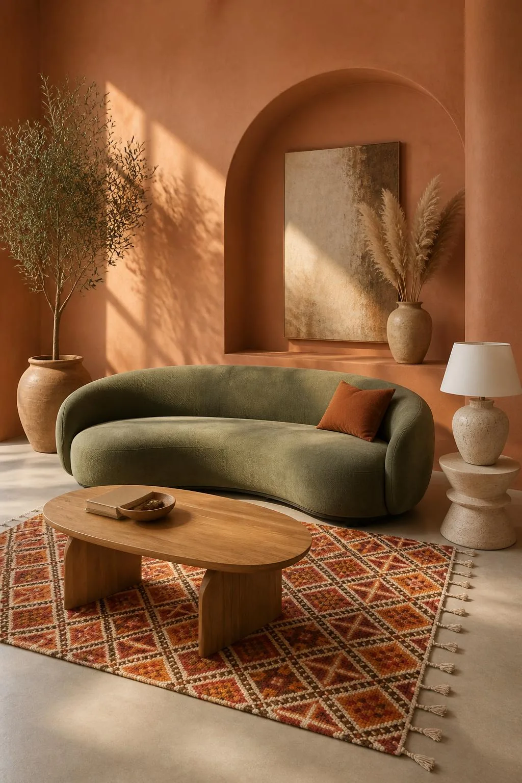 Wohnzimmer mit terrakottafarbenen Kalkputzwänden, Bogennische, geschwungenem salbeigrünem Sofa, Berberteppich und gewelltem Holztisch
