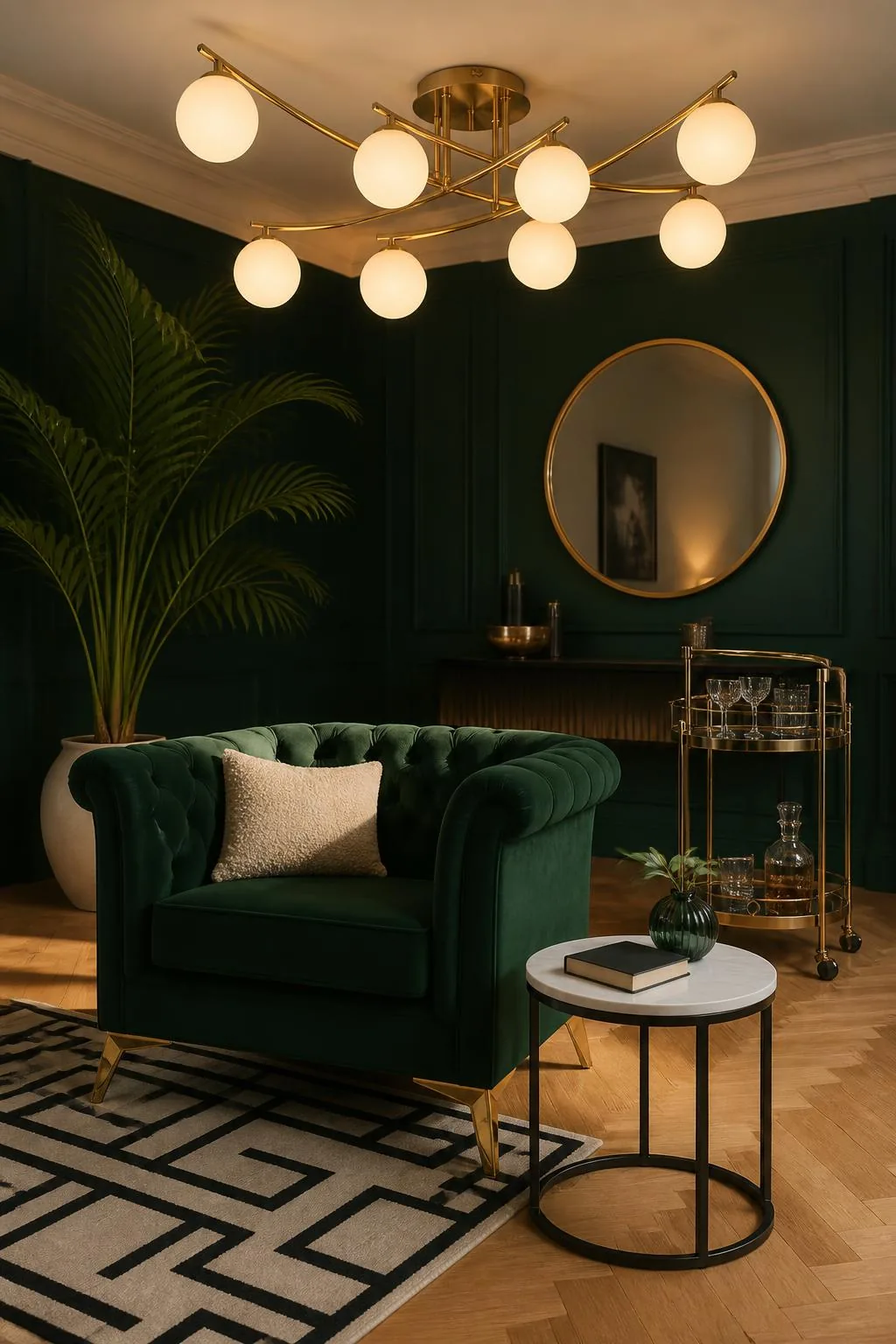 Hollywood-Regency-Salon mit smaragdgrünen Wänden, grünem Chesterfield-Sessel, goldenem Barwagen, rundem Goldspiegel und Messing-Deckenleuchte