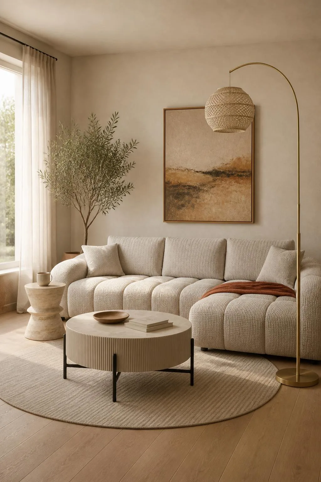 Helles Modern-Organic-Wohnzimmer mit cremefarbenem Ecksofa, rundem gerilltem Couchtisch, Rattan-Bogenleuchte und rundem Wollteppich
