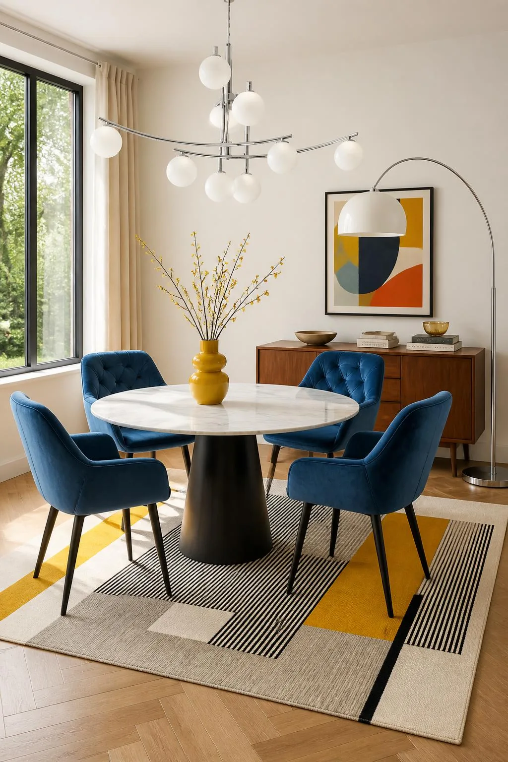 Mid-Century-Essplatz mit dunkelblauen Samtstühlen, rundem weißem Esstisch, Kelim-Teppich mit Senfgelb und Chrom-Deckenleuchte mit Glaskugeln