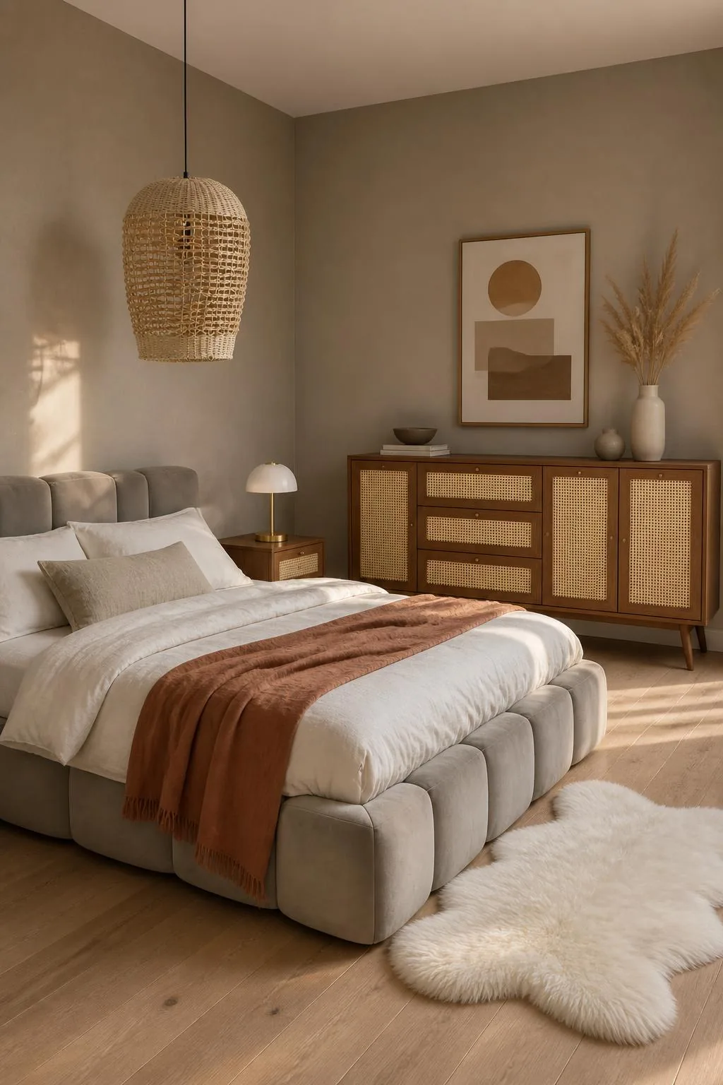 Ruhiges Schlafzimmer in Greige mit gepolstertem Bubble-Bett, Papierfaden-Pendelleuchte, Lammfell und Sideboard mit Wiener Geflecht