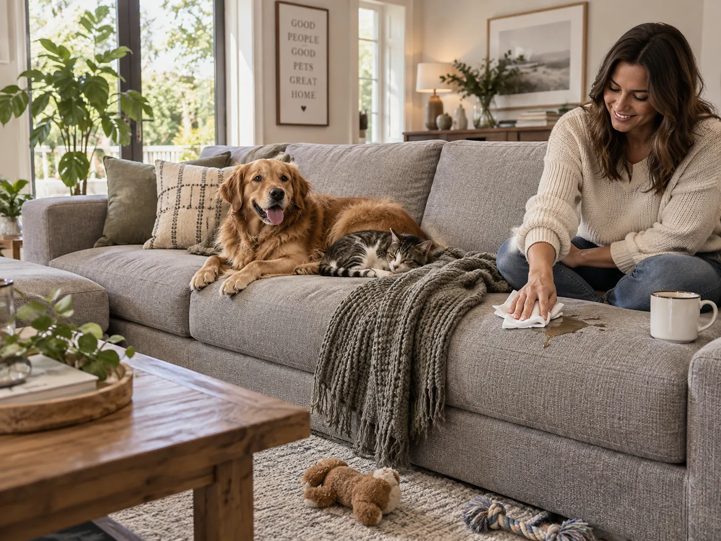 Ein Hund und eine Katze liegen auf einem grauen Flachgewebe-Sofa, während ein verschütteter Kaffeefleck abgewischt wird