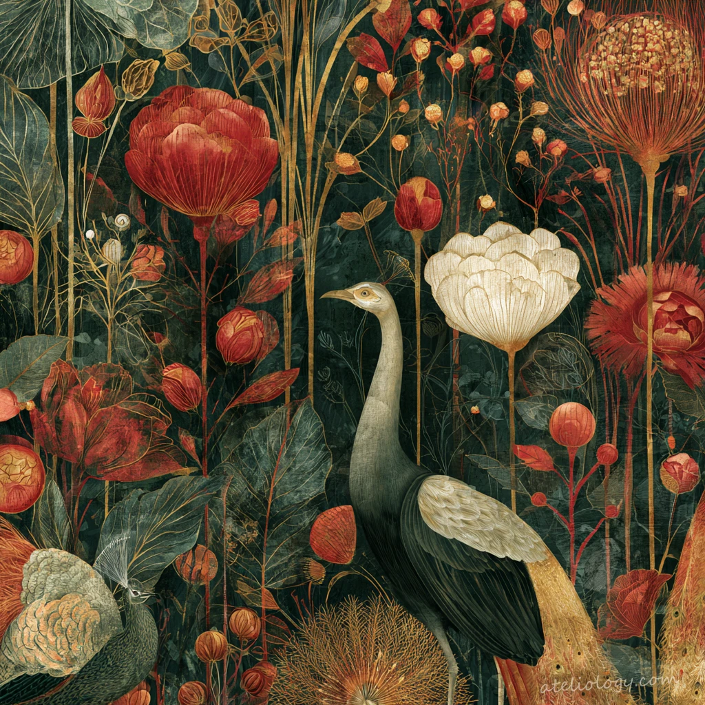 Art-Déco-Kranich im Blumendschungel
