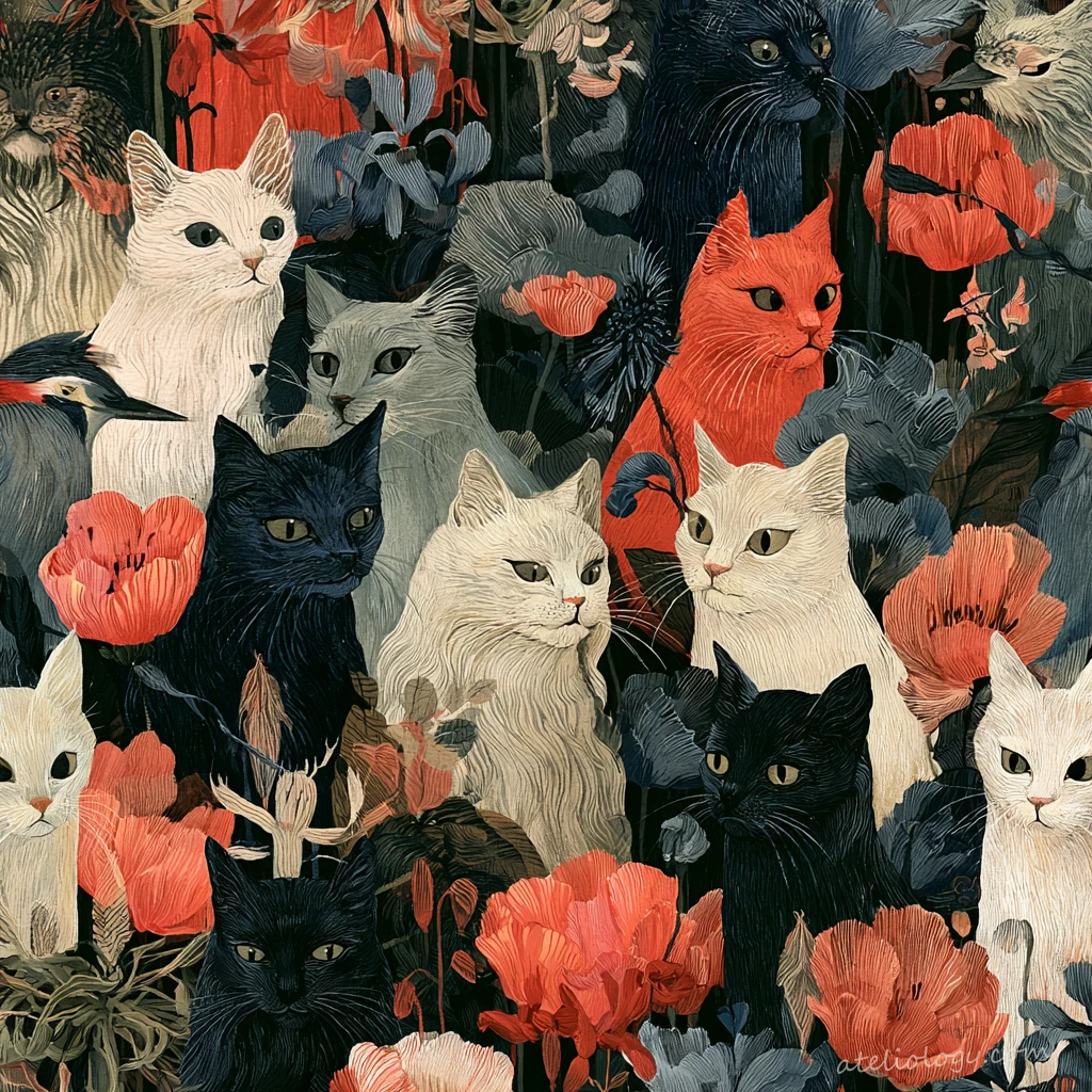 Katzen zwischen Mohnblumen