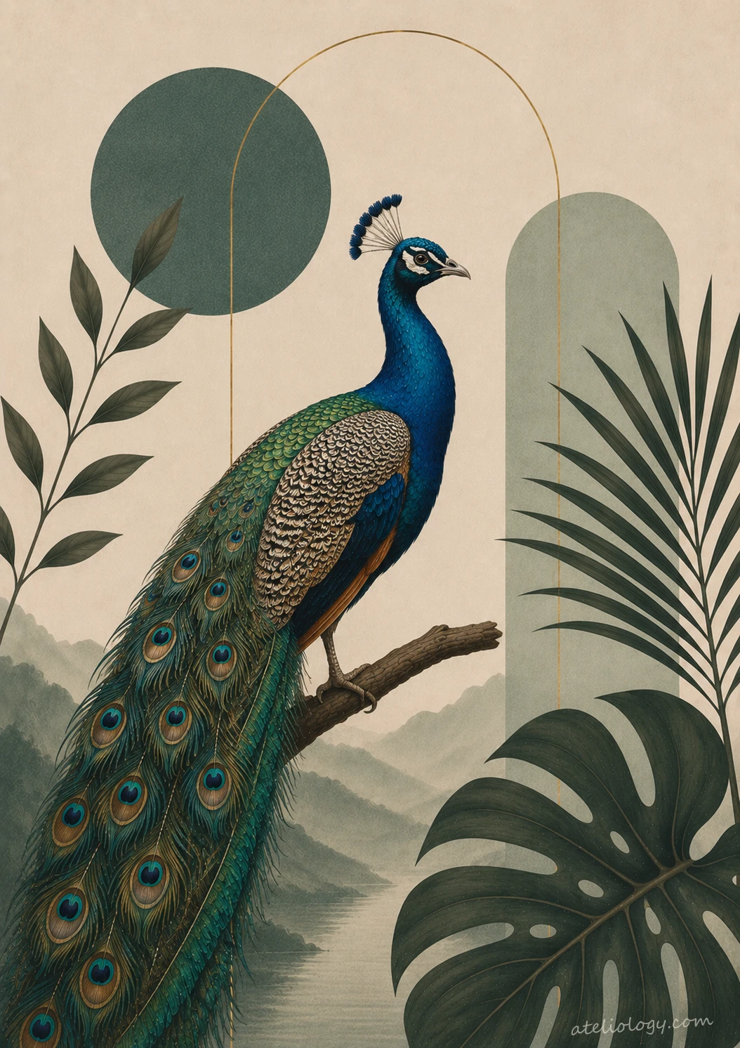 Pfau vor Berglandschaft