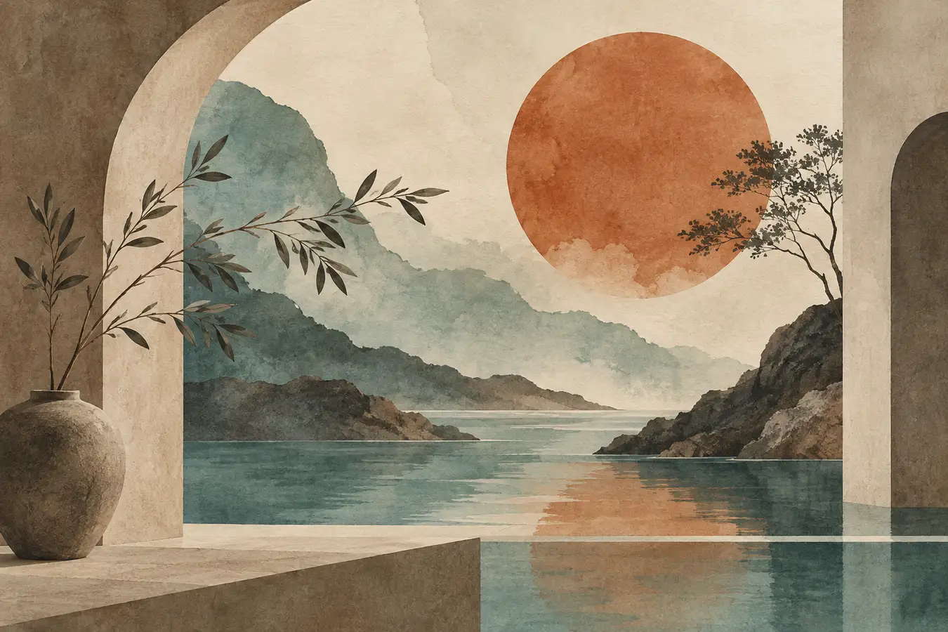 Olivenzweig, Tonvase und Abendsonne