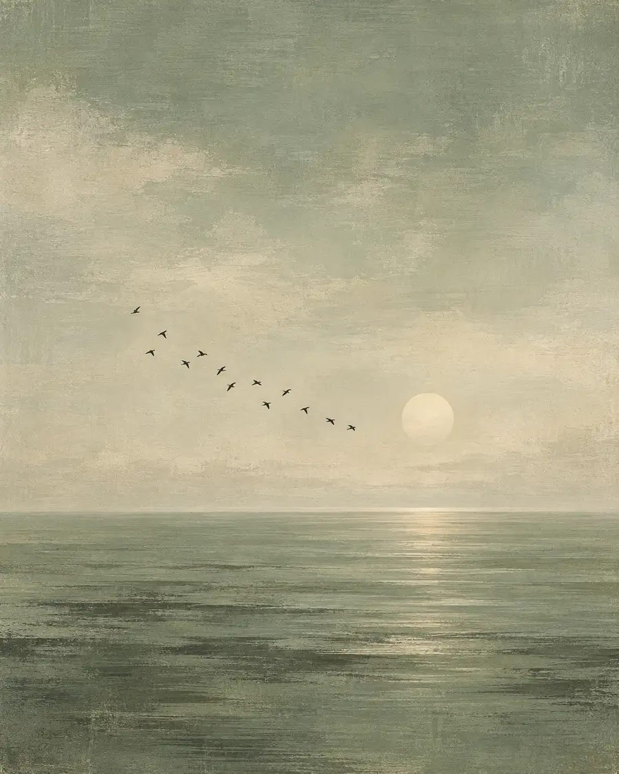 Ein Vogelschwarm vor tief stehender Abendsonne, gemalt mit sichtbarer Pinseltextur