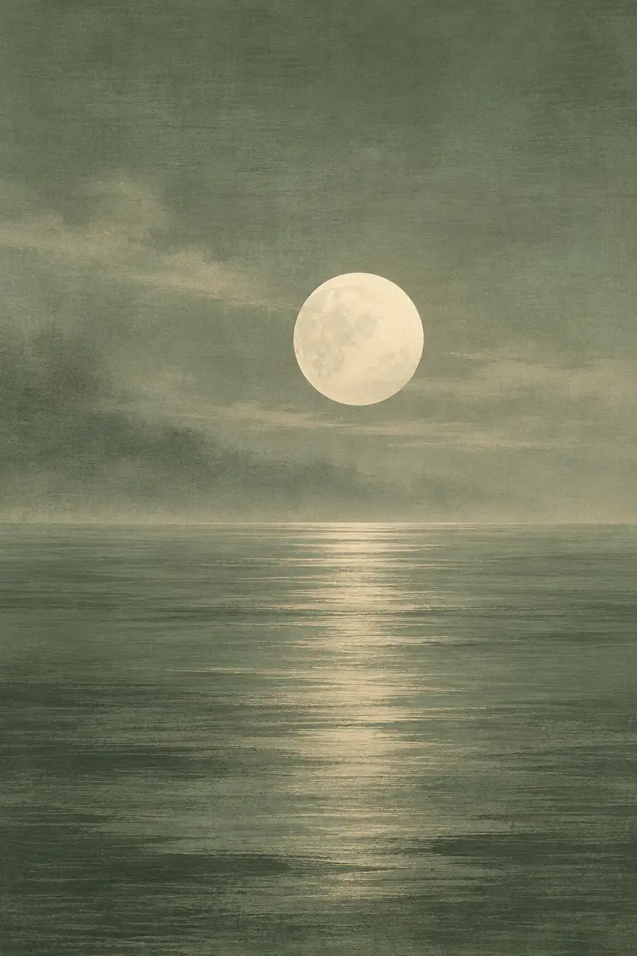 Ein blasser Vollmond über einer stillen, dunstigen See ohne weitere Bildelemente