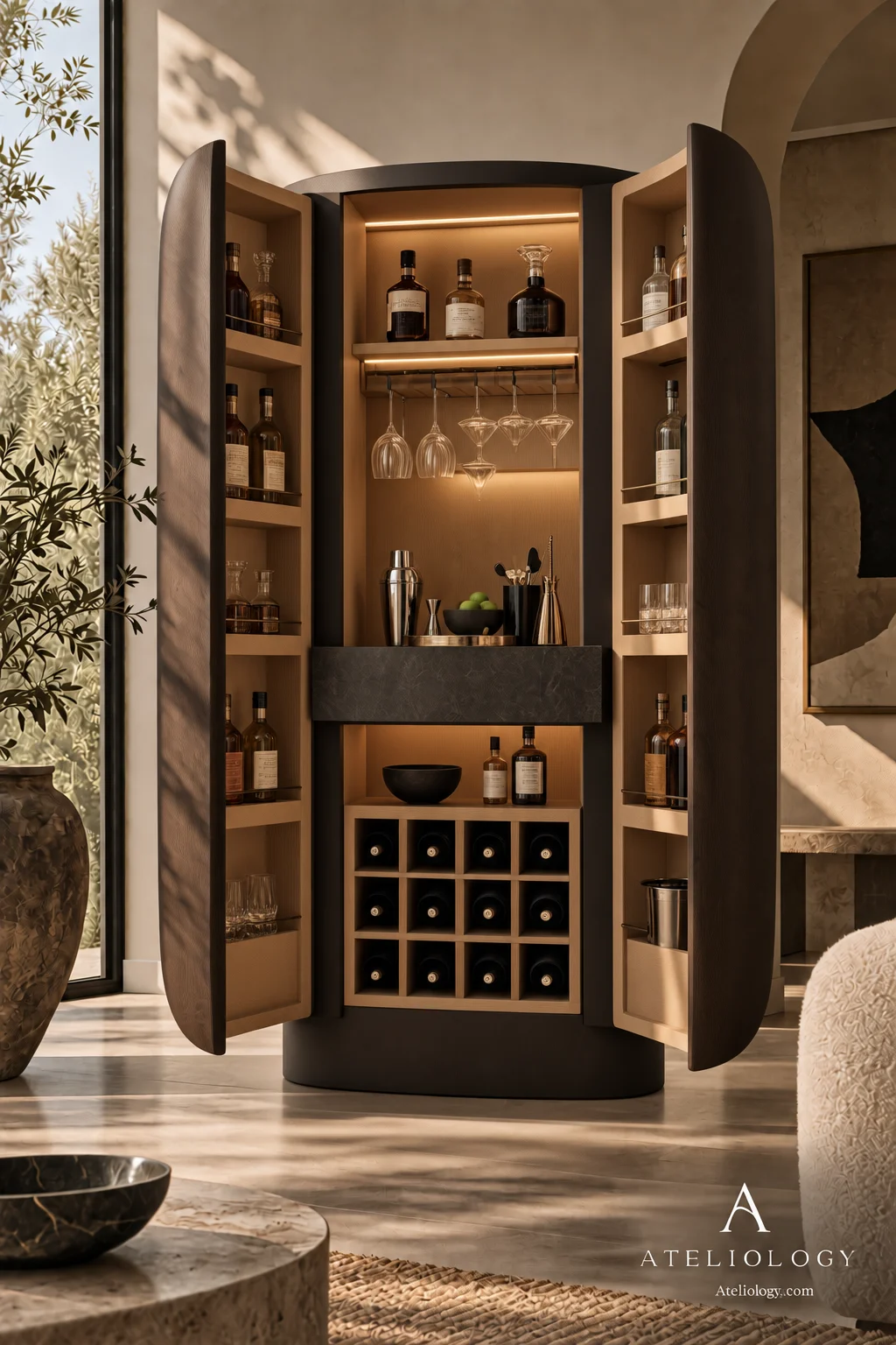 Geöffnet wird aus dem Schrank eine Hausbar