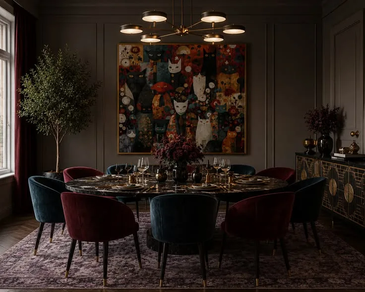 Art-Deco-Esszimmer mit Katzenkunst