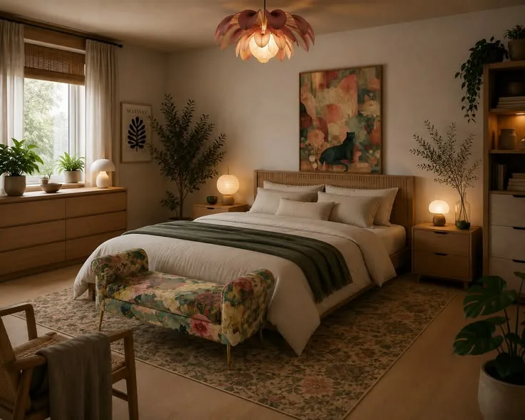 Eklektisches Schlafzimmer mit Katzenkunst