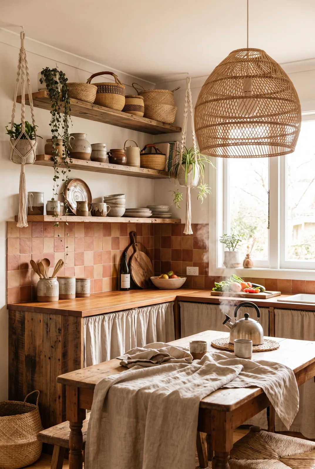 Boho-Küche mit offenen Regalen und Terrakotta