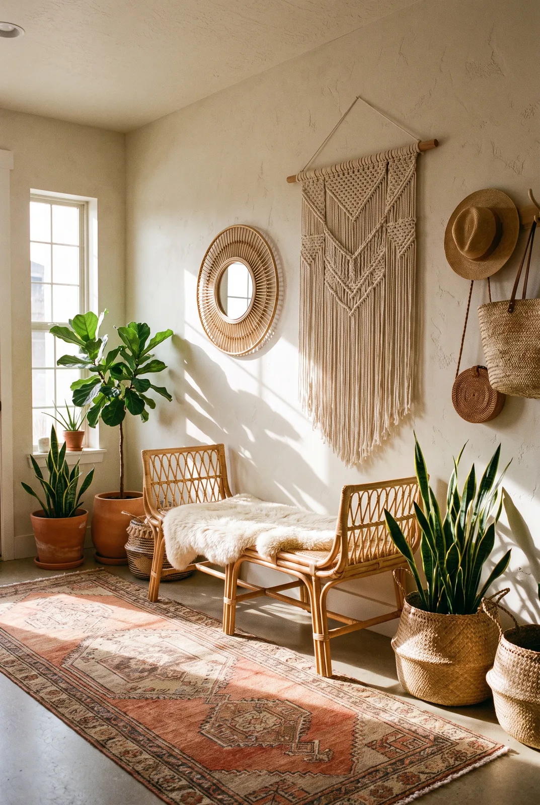 Boho-Flur mit Rattanbank und Makramee