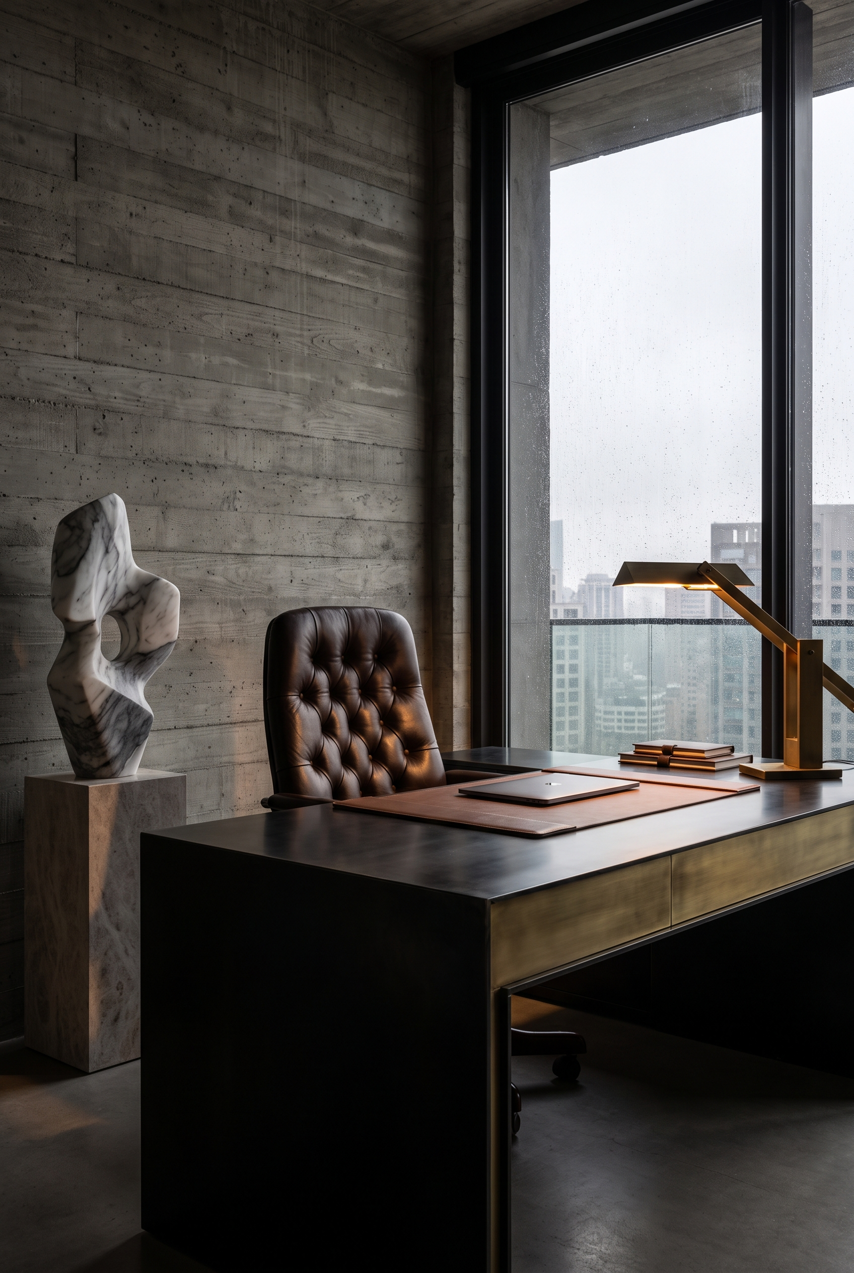 Brutalistisches Luxusbüro mit Sichtbeton und Marmor