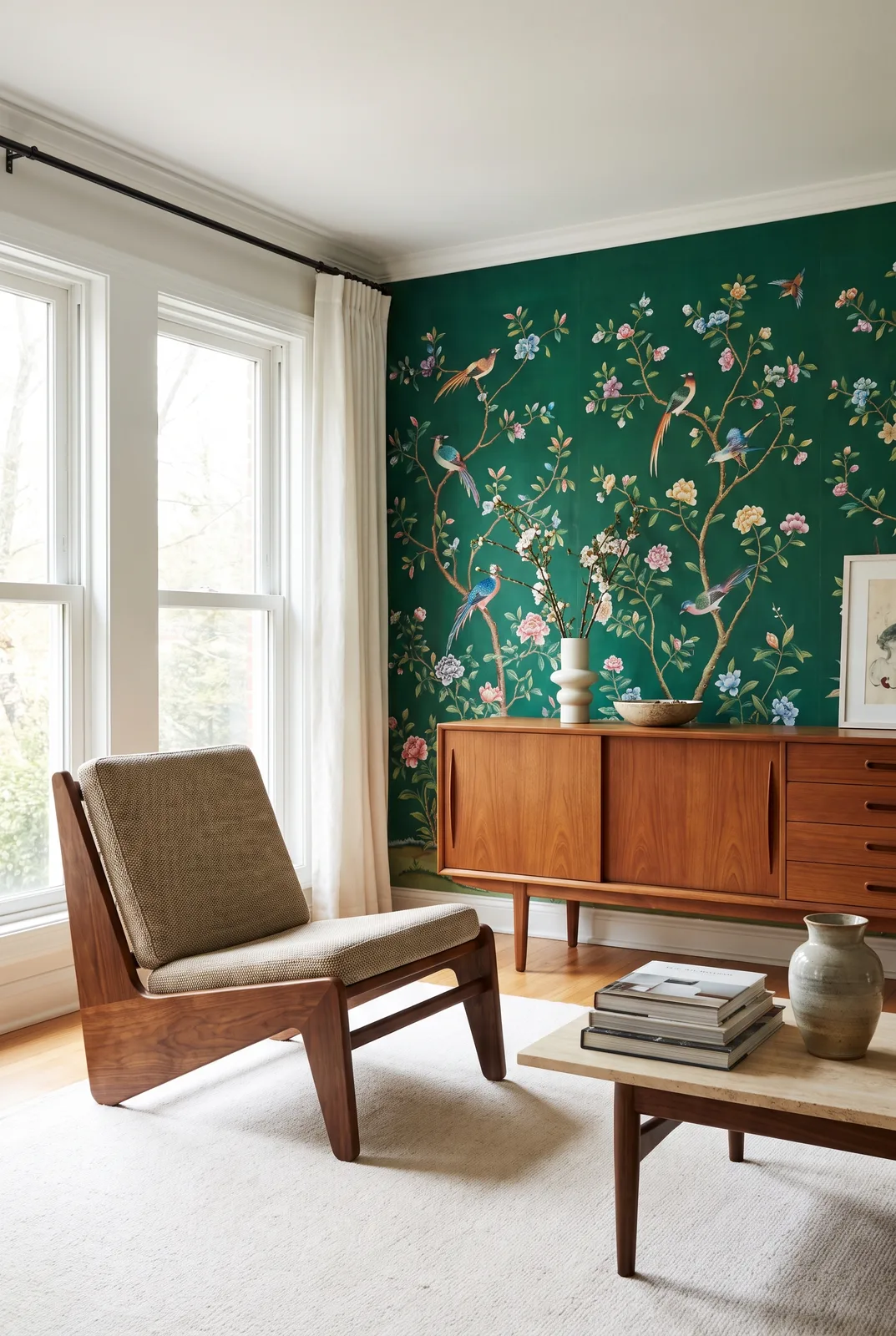 Chinoiserie-Tapete trifft Mid-Century-Wohnzimmer