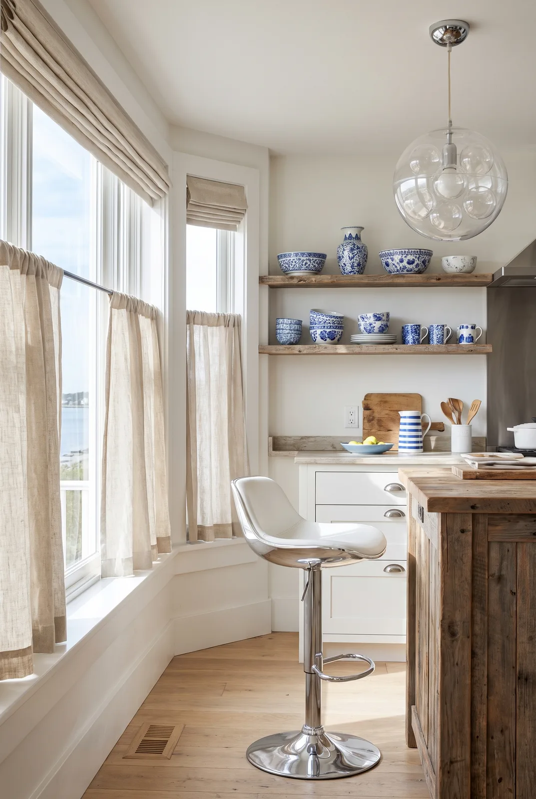 Coastal-Grandmother-Küche mit Space-Age-Barhocker