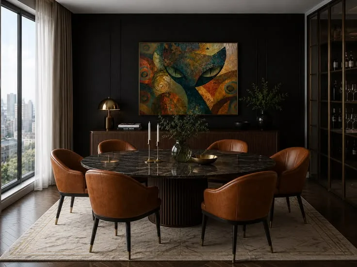 Cognac-Leder und schwarzer Marmor im Esszimmer