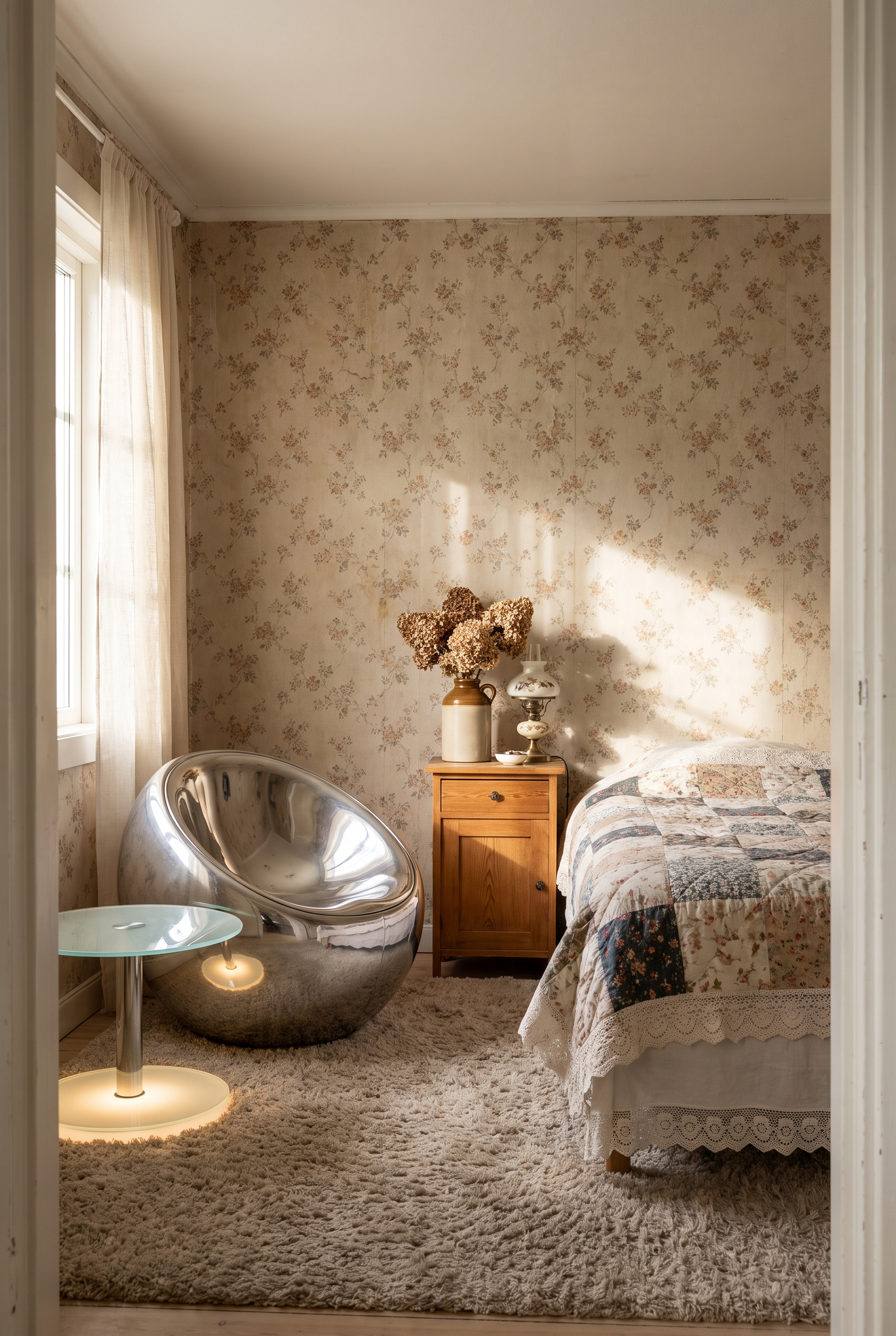 Cottagecore-Schlafzimmer mit Space-Age-Überraschung