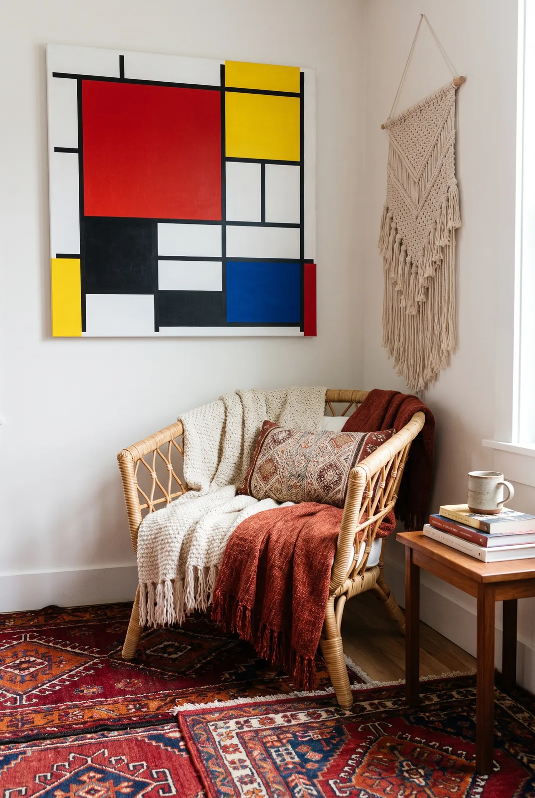 De-Stijl-Kunst trifft Boho-Leseecke
