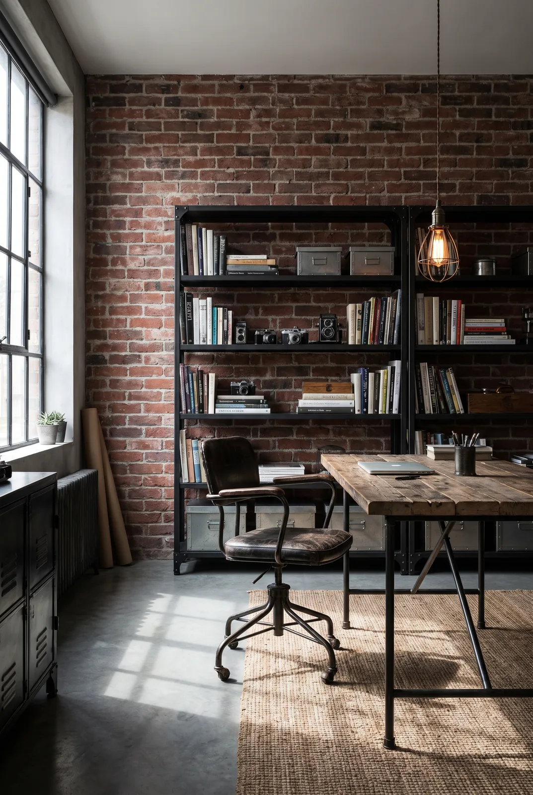 Industrial Home Office mit Backstein und Metall
