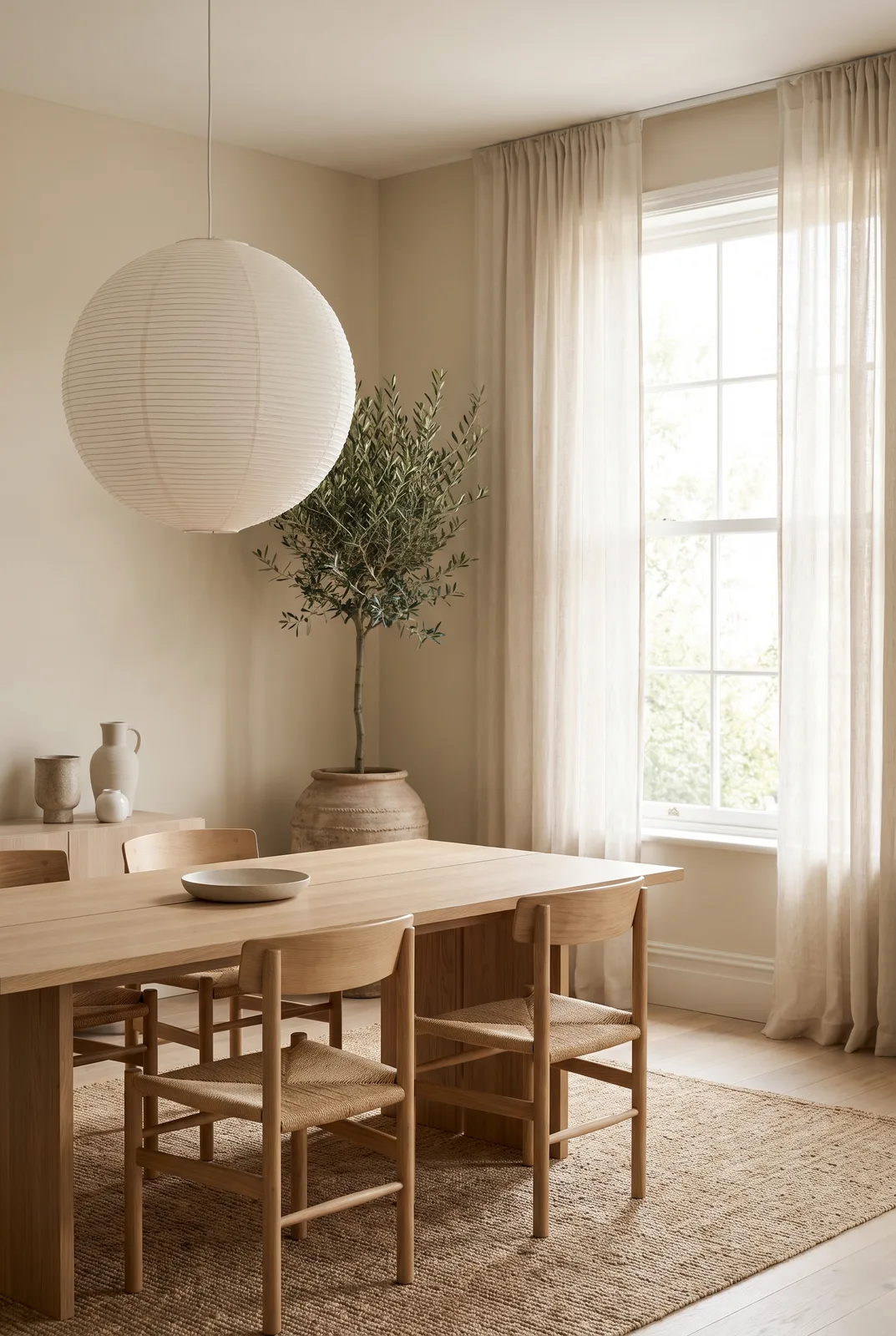 Japandi-Esszimmer mit Papierlaterne