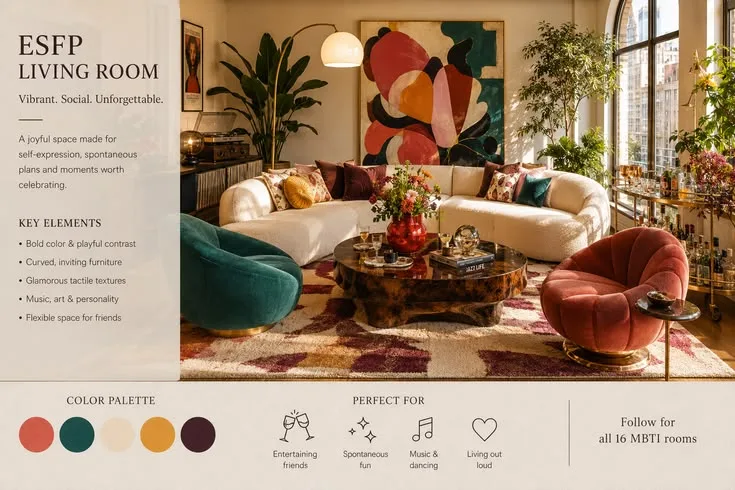 ESFP-Wohnzimmer: farbenfrohes Interieur zum Entertainen