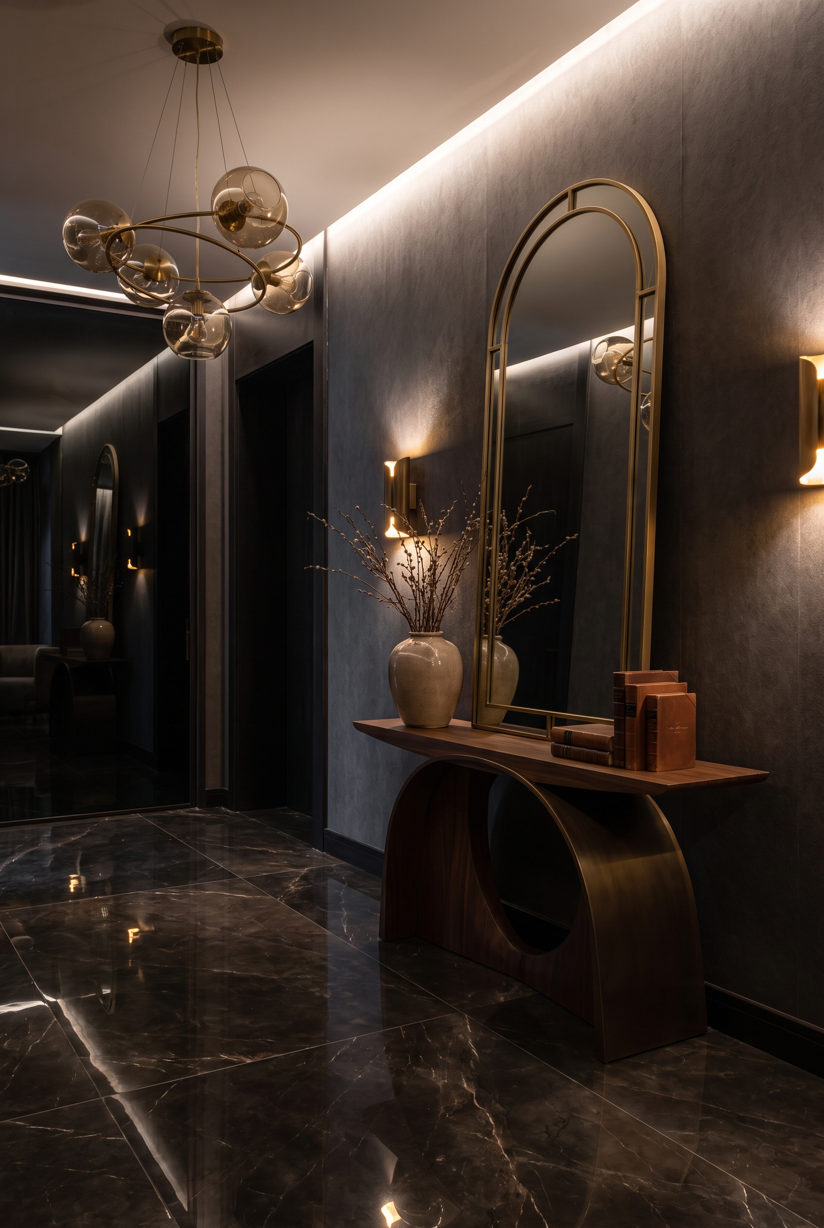 Modern-Luxury-Flur mit dunklem Marmor