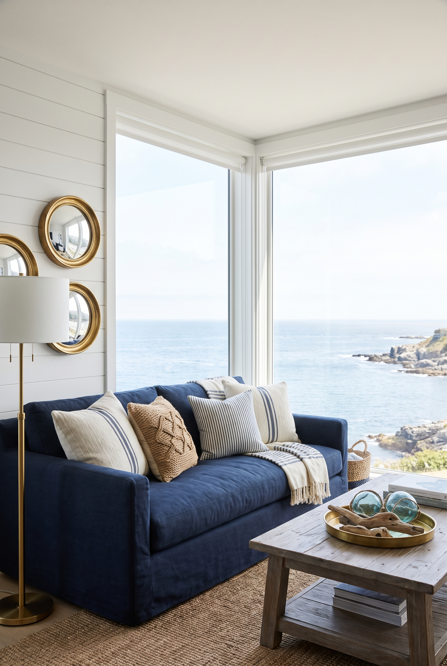 Modern-Maritime-Wohnzimmer mit Meerblick
