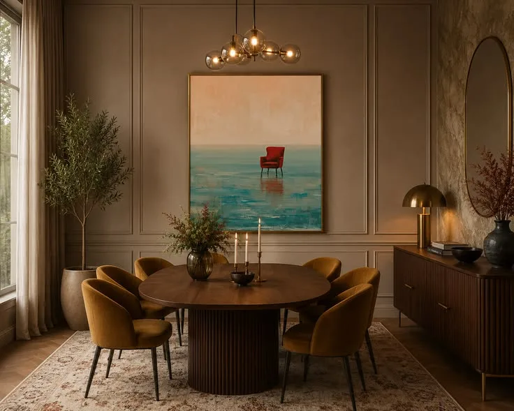 Moody-Esszimmer mit Nussbaum und Statement-Kunst